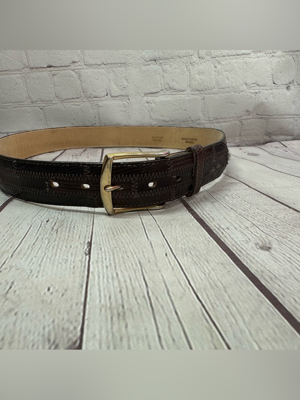 Tony Lama Dark Brown Leather Belt with Gold Buckle